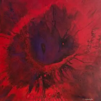 "Red Giant" Original oil on canvas painting measuring 80 x 80 cm by Devon based artist Catherine Kennedyred giant spin painting