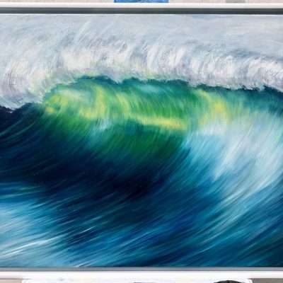 Emerald Wave II framed blue and green wave painting