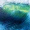 Emerald Wave II detail of a framed blue and green wave painting