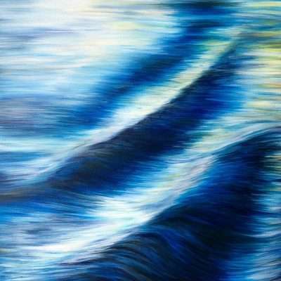 "Languid River" is an original oil on canvas painting of ripples in a slow flowing river current 60 x 80 cm £350 by Devon based artist Catherine Kennedy. Blues, white and yellows are the predominant colours.