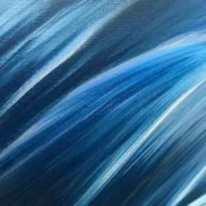 "Into the Blue Ocean Waves II" Oil on canvas painting measuring 100 x 70cm £395 abstract seascape painting of a wave lit by the sun creating a light emerald green light under the cresting wave with yellow and white highlights and deep indigo blue shadows. By Devon based artist Catherine Kennedy.