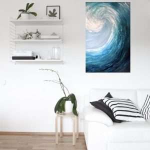 Emerald Surf II giclee print of a large abstract surfing wave in a room setting