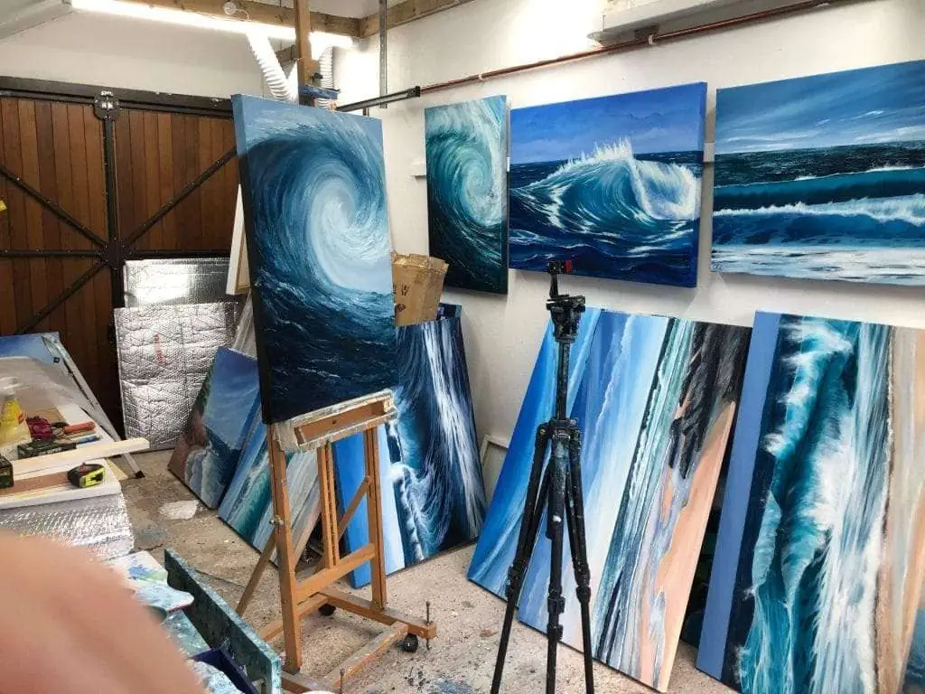 Surf in the studio. This is an original oil painting on canvas 60 x 90 cm for sale in my online gallery.
