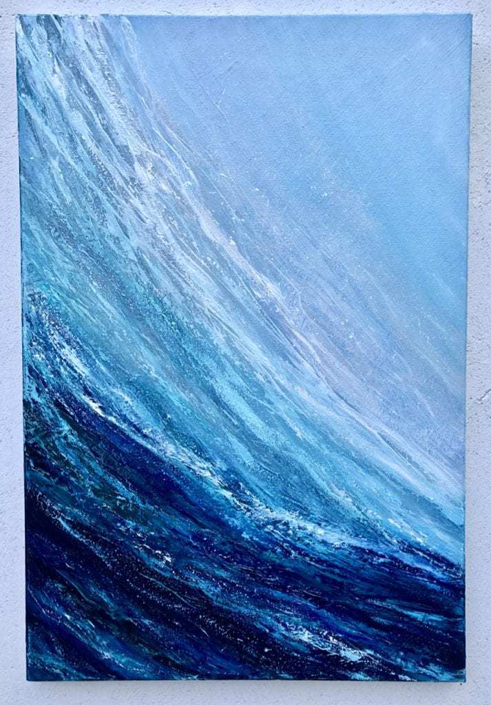 "Surf the wave" is an original oil on canvas painting. Measuring 23.5 x 35.5 inches or 60x 90 cm. Signed. £350. Showing a close up of an abstract turquoise surfing wave.