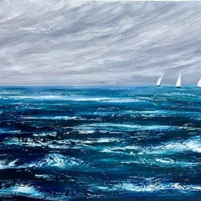 Racing out at Sea original oil on canvas painting measuring 100 x 50 cm or 39.5 x 19.5 inches available at £300