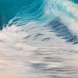 "Night Beach III" detail W:40 x H:30 inches oil painting inspired South Devon & Cornish coastline. It shows a turquoise wave cresting at night onto a sandy beach.
