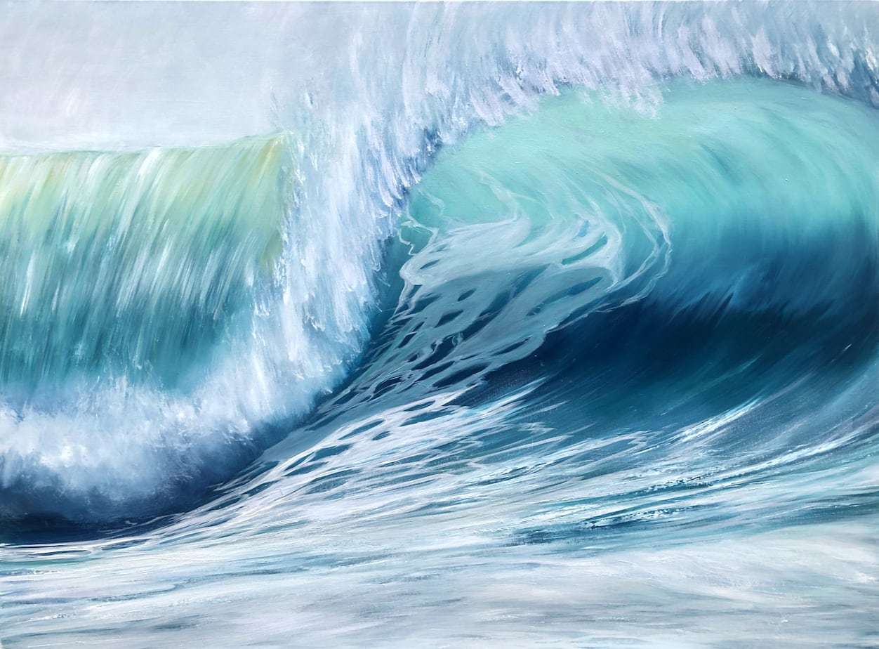 Emerald Waves II large green barrel wave painting on canvas measuring 102 x 76 cm or 40 x 30 inches for sale £450