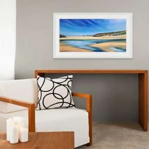 Perranporth Beach Giclée Print in a white frame in a room setting