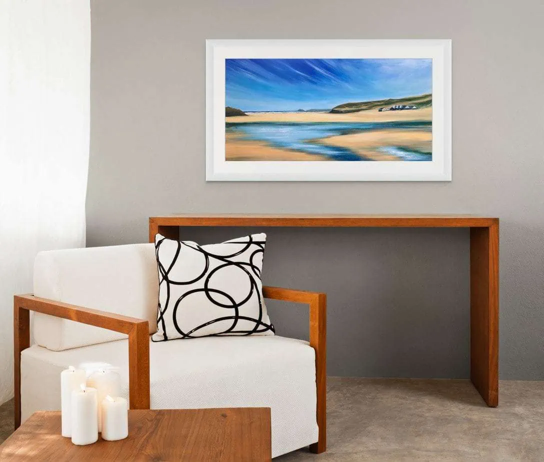 Perranporth Beach Giclée Print in a white frame in a room setting