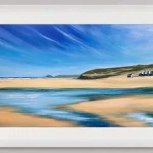 Perranporth Beach Giclée Print in a white frame