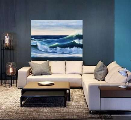 Ocean Waves III in a room setting. Large sunset painting oil on canvas for sale online