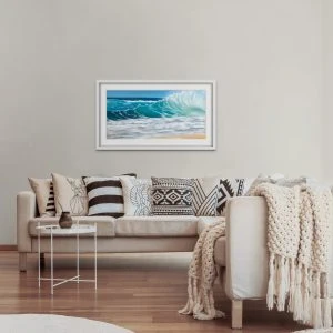 Turquoise Waves II Giclée Print Large Framed with a white mount in a room setting