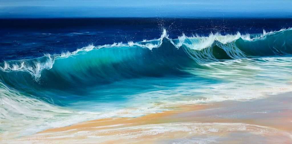 "Ocean Beach II" oil on canvas: Width 120cm x Height 60cm. Large turquoise wave cresting onto a sandy beach.