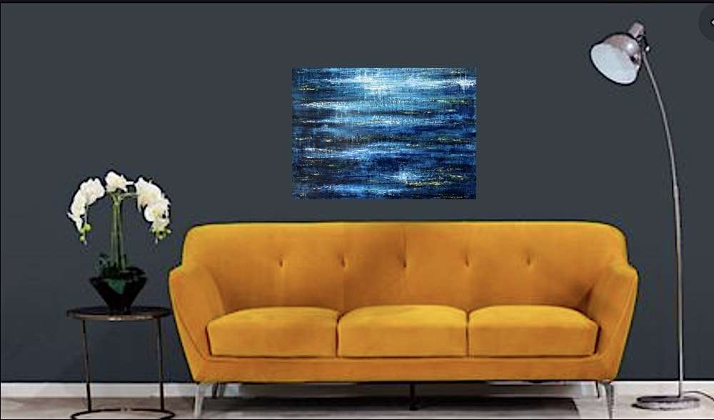 Abstract Blue River IV in a room setting. original abstract seascape Oil on canvas painting for sale. Width 80 x Height 60 cm or 31.5 x 23.5 inches. Signed. With a certificate of authenticity. Ready to hang.
