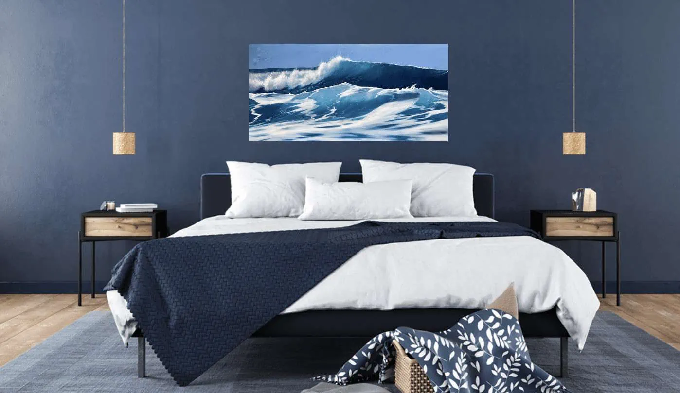Turquoise Waves Breaking in a Blue Grey Bedroom Setting