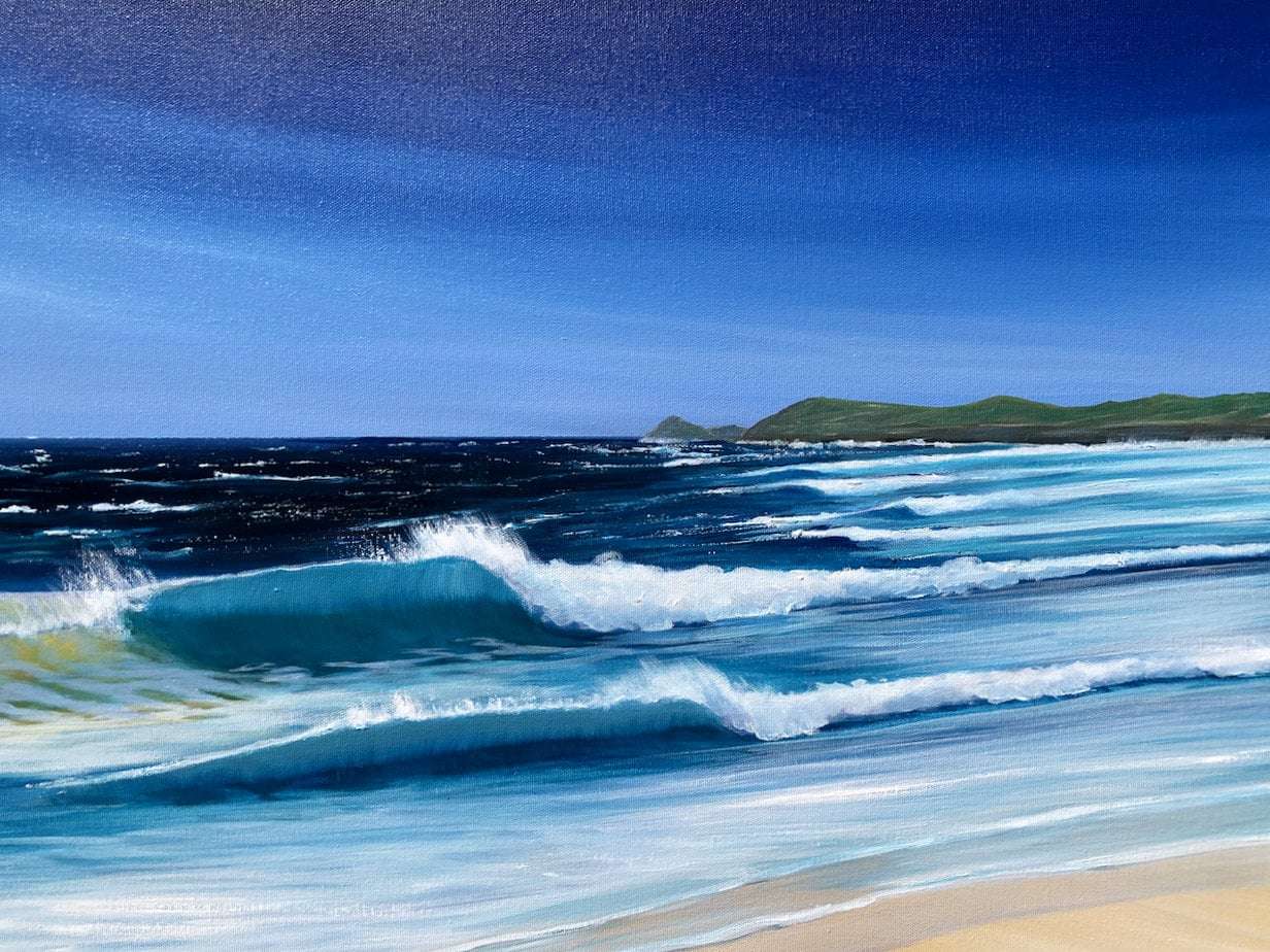 Perranporth Beach Waves III detail of an original oil on canvas painting