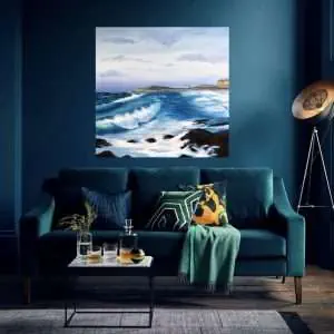 Fistral Beach Waves II original oil painting in a room setting