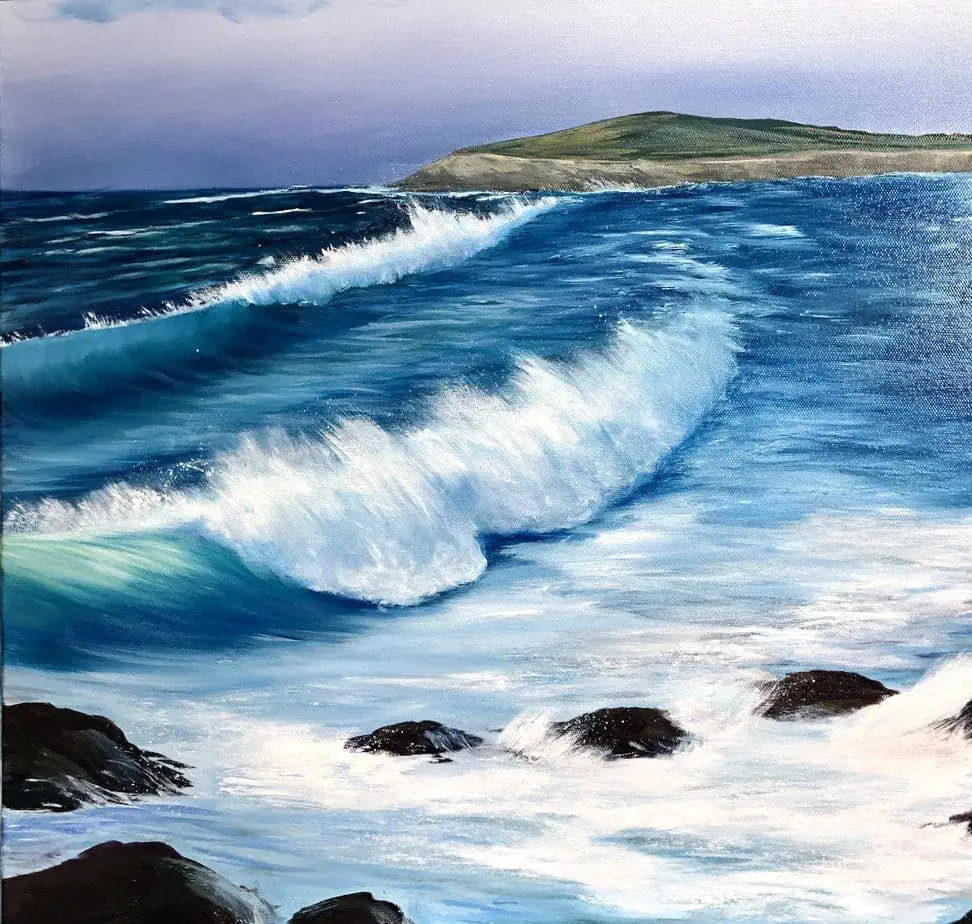 Fistral Beach Waves II close up detail of an original oil on canvas painting for sale online