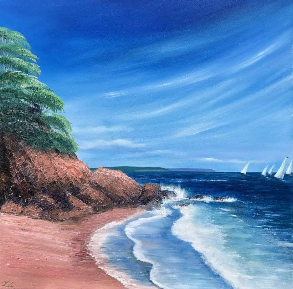 Sailing off Ness Cove Beach original oil painting on canvas for sale online
