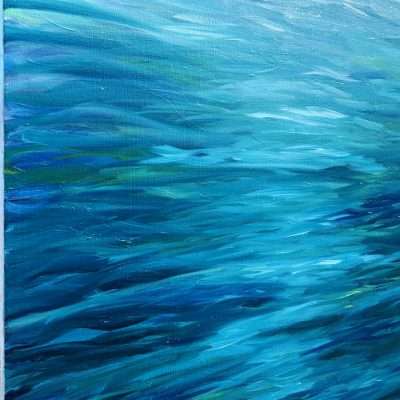 Teal Abstract side view of an original oil painting on board for sale. Teal wall art picture