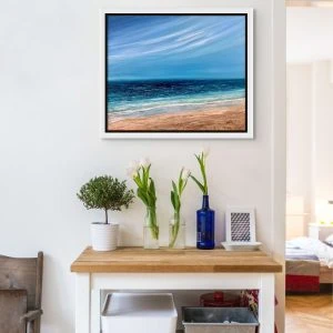 Abstract Beach painting framed and in a room setting