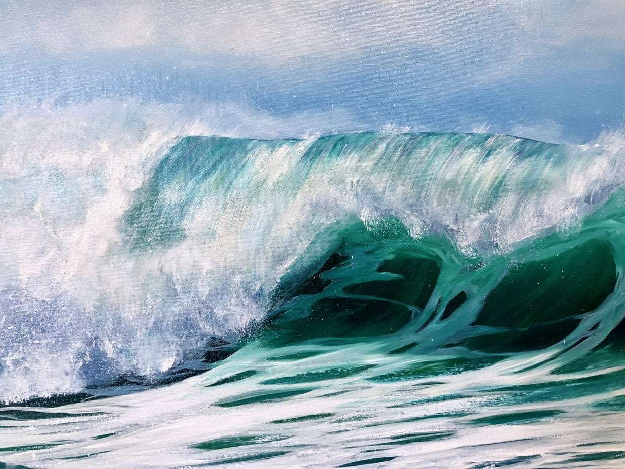 Emerald Wave III detail of an original ocean wave oil painting on canvas. Framed and ready to hang available for sale online.