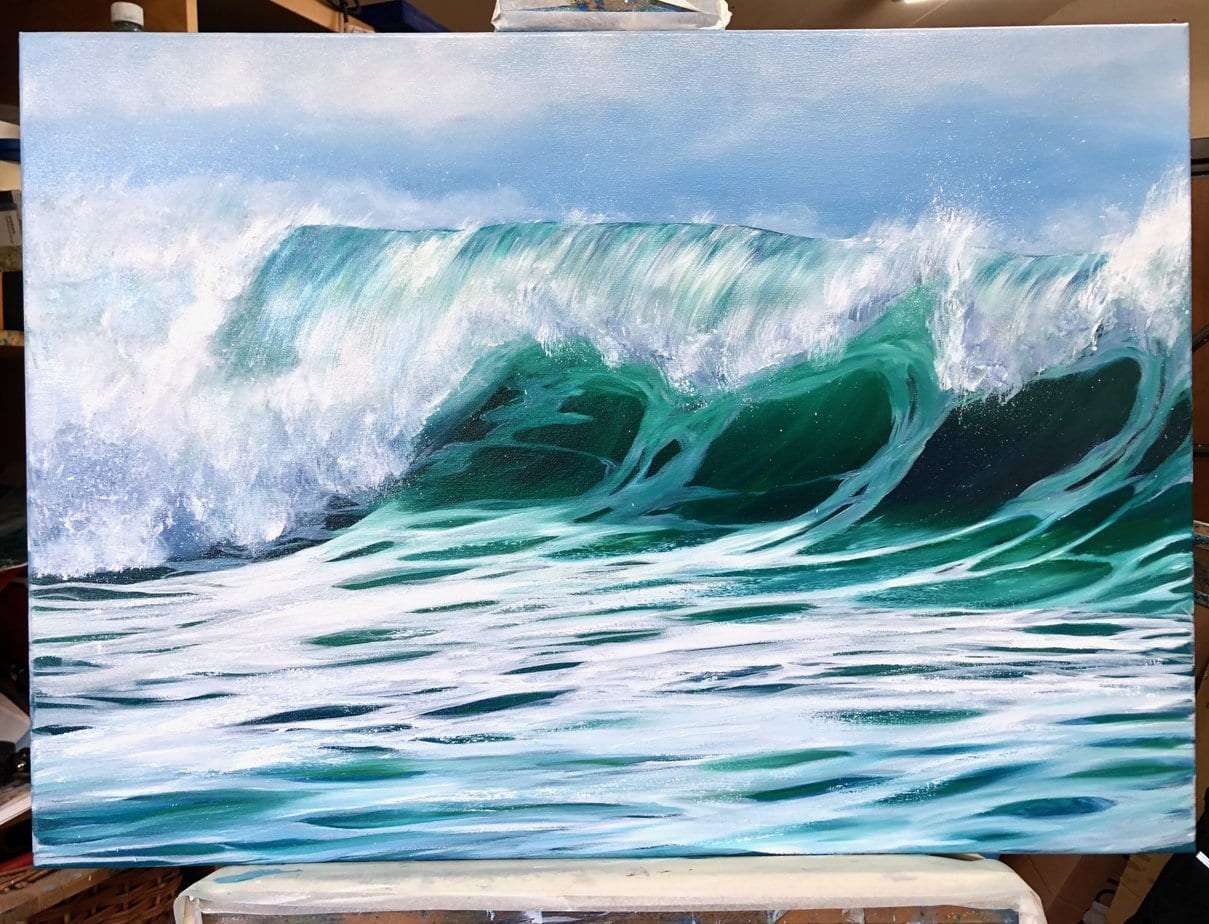 Emerald Wave III original ocean wave oil painting on canvas. Framed and ready to hang available for sale online.