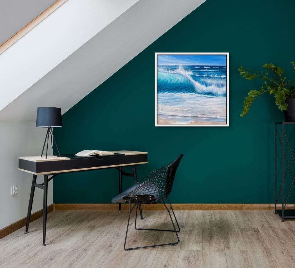Turquoise Wave Cresting painting in a home office setting