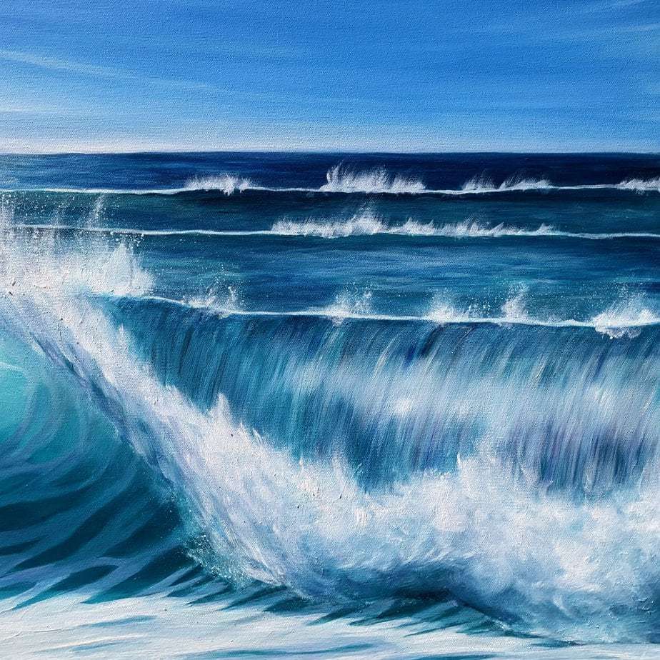 Turquoise Wave Cresting painting close up view of the canvas for sale online. Seascape wave art.
