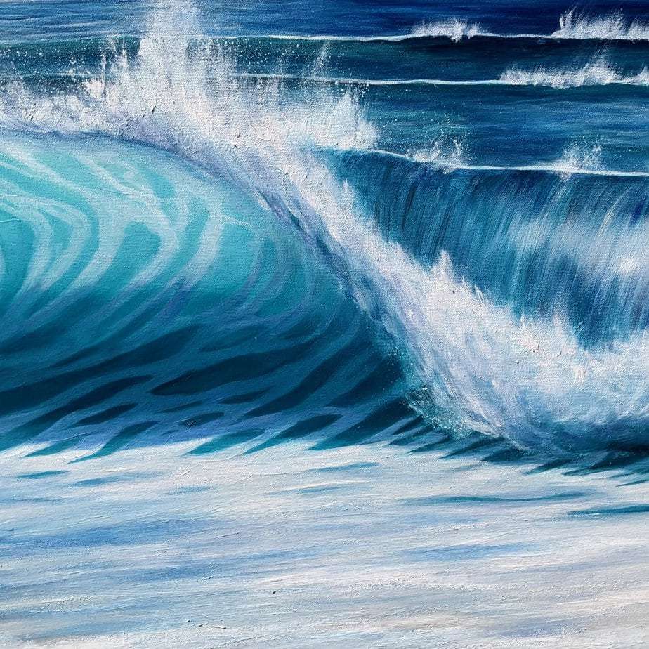 Turquoise Wave Cresting painting close up view of the canvas for sale online. Seascape wave art.