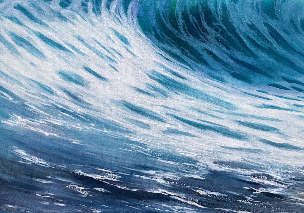 Sea Wave close up detail of an original turquoise wave painting on canvas for sale online gallery