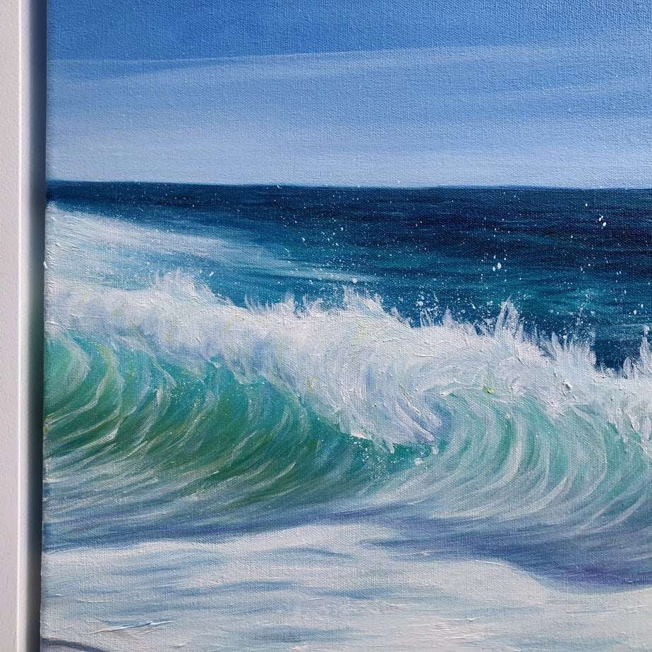 Ocean Beach close up detail of an original wave painting on canvas for sale online. Framed and ready to hang.