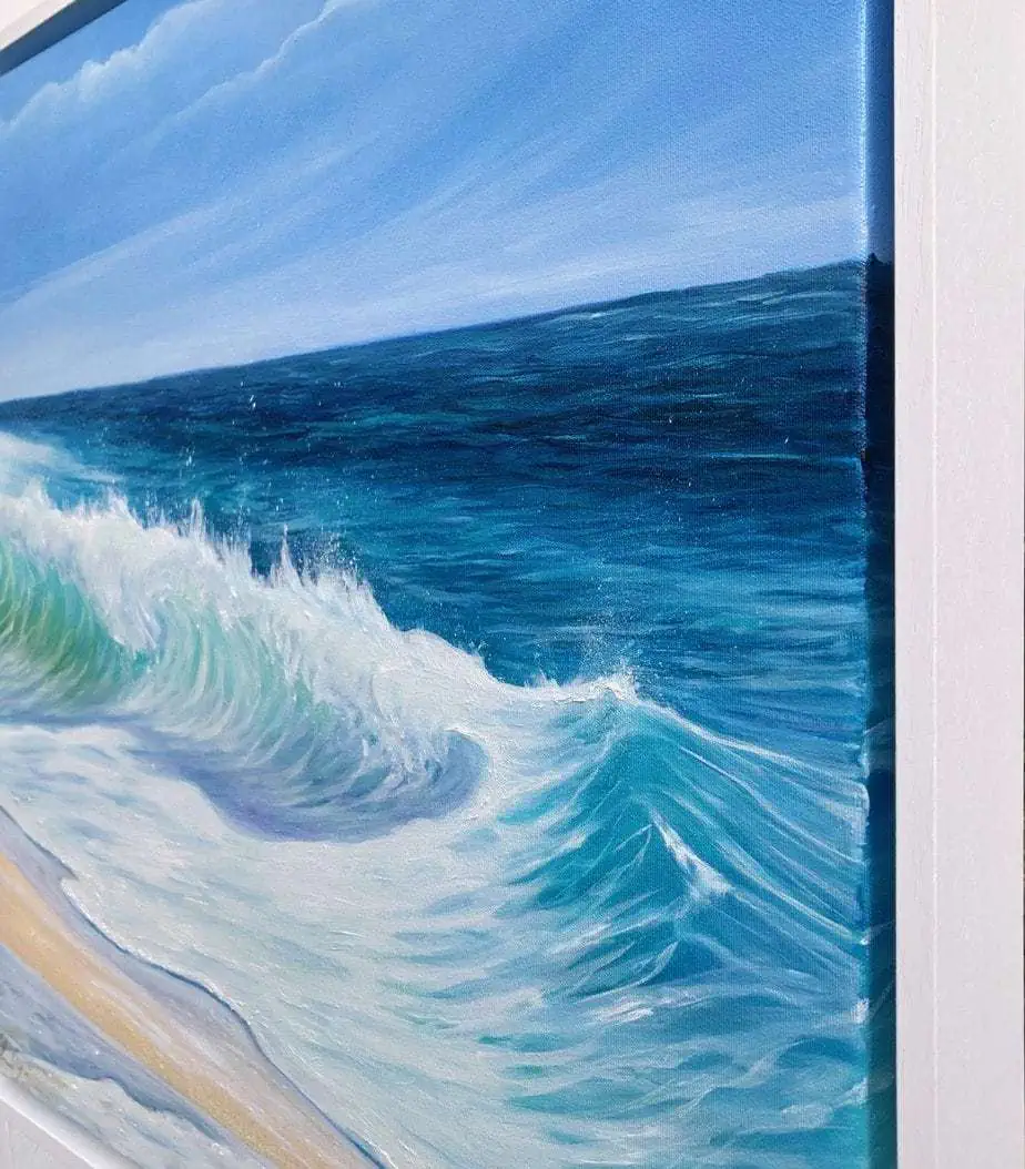 Ocean Beach side detail of an original wave painting on canvas for sale online. Framed and ready to hang.