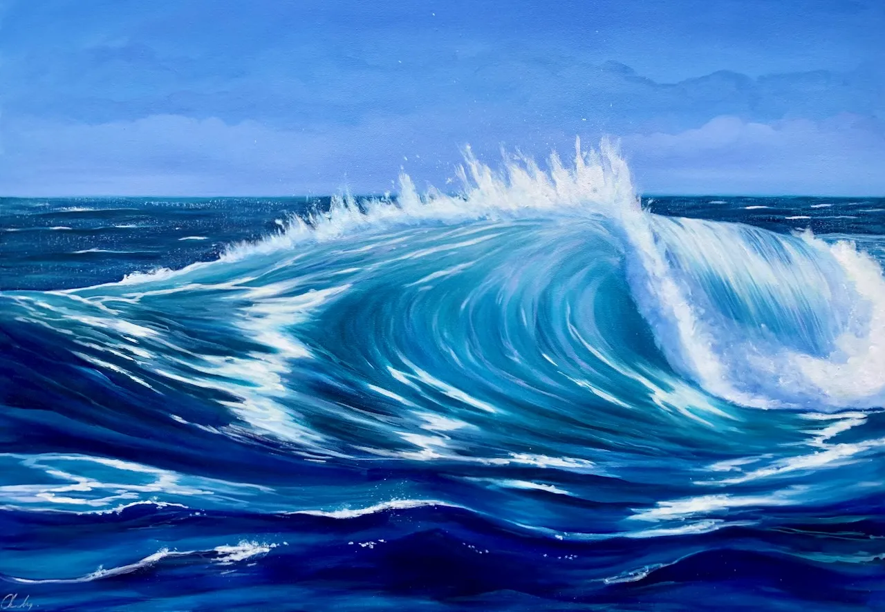 Deep Blue Waves by seascape artist Catherine Kennedy. A large seascape oil painting 70 x 100 cm for sale online. Seascape artist