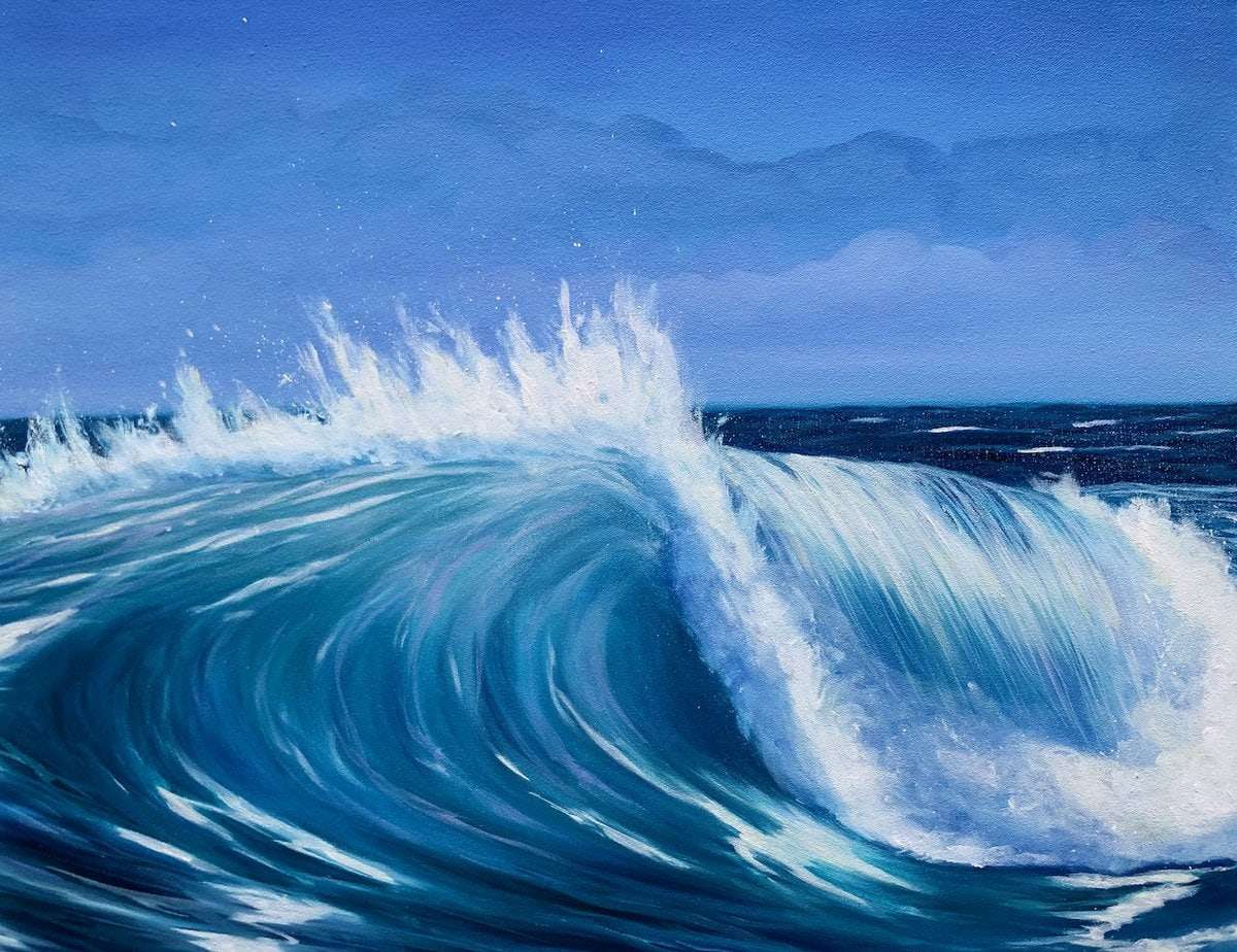 Deep Blue Waves seascape painting close up detail