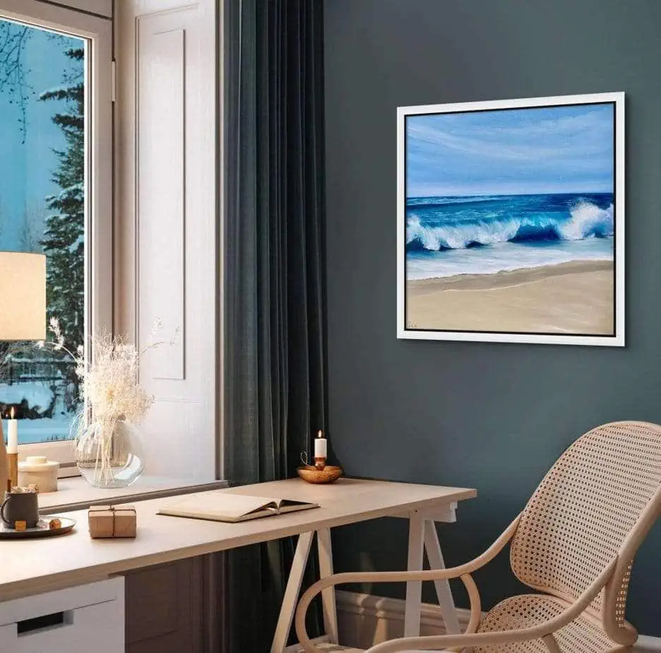 Turquoise Ocean Beach painting in a home office setting