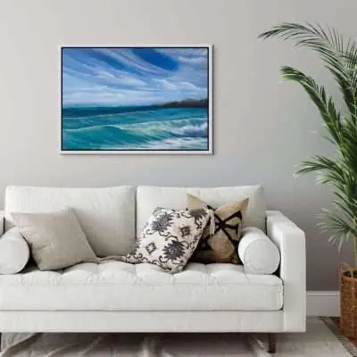 Fistral Rolling Waves original seascape oil painting on canvas in a room setting