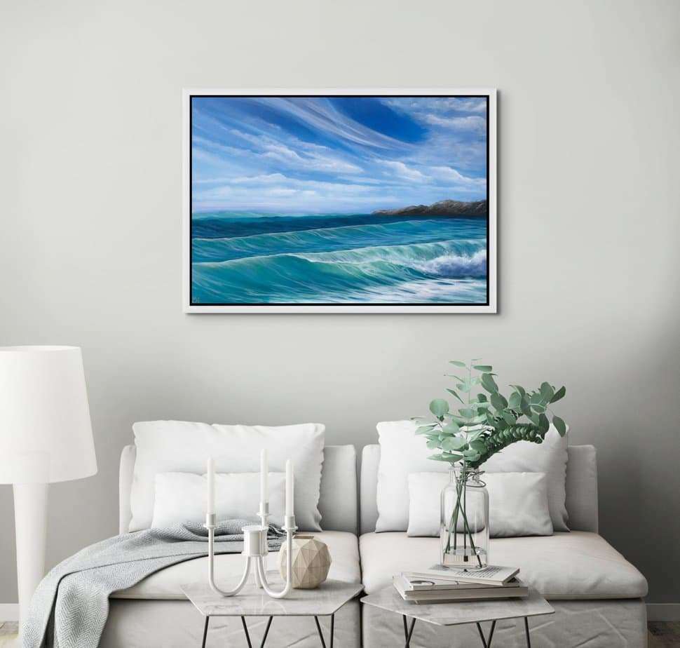 Fistral Rolling Waves original seascape oil painting on canvas in a room setting