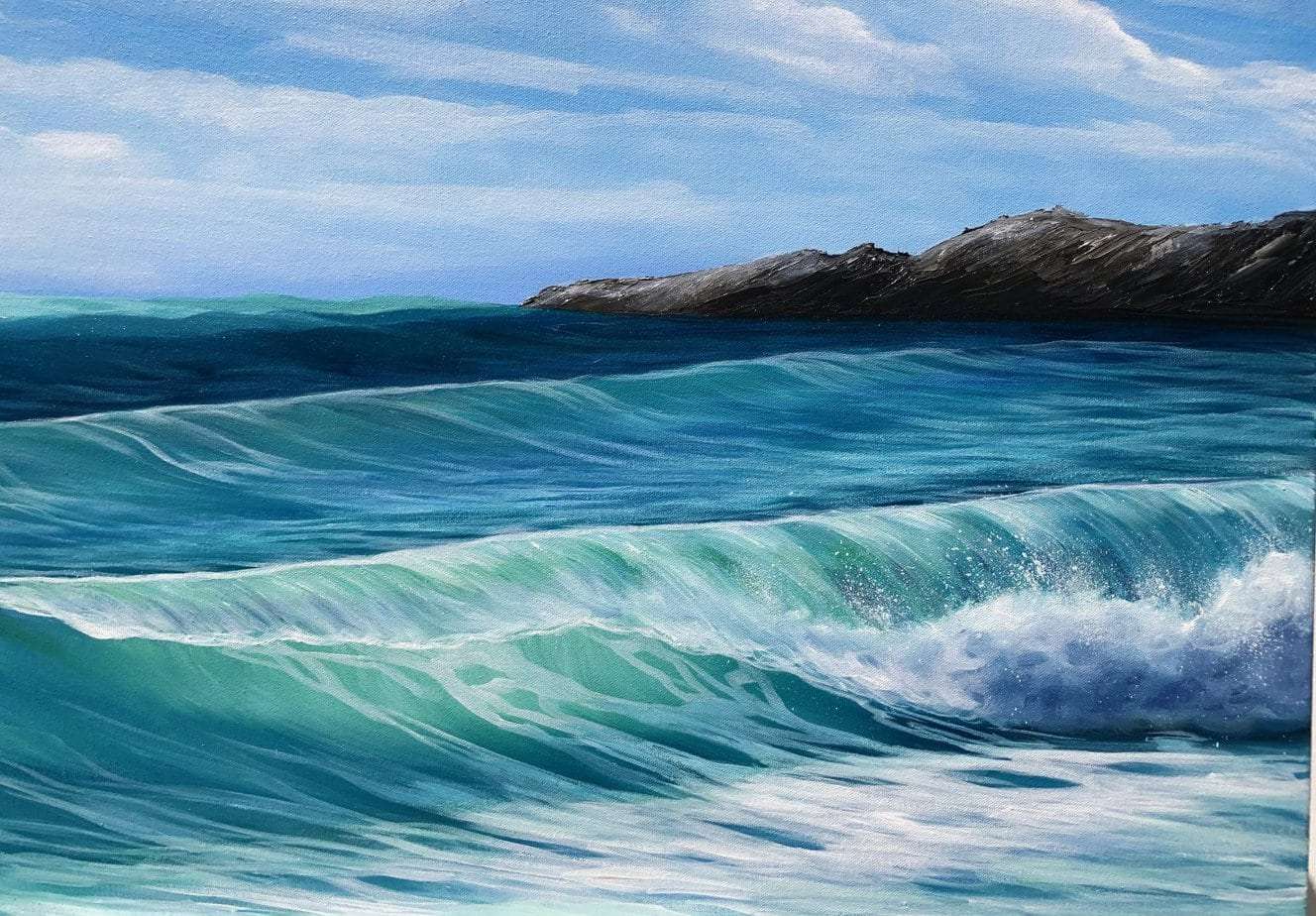 Fistral Rolling Waves close up detail of painting