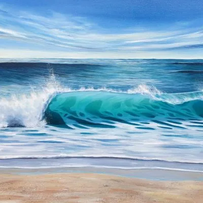 Turquoise Beach Wave II original seascape oil painting on canvas. Framed and ready to hang. For sale online