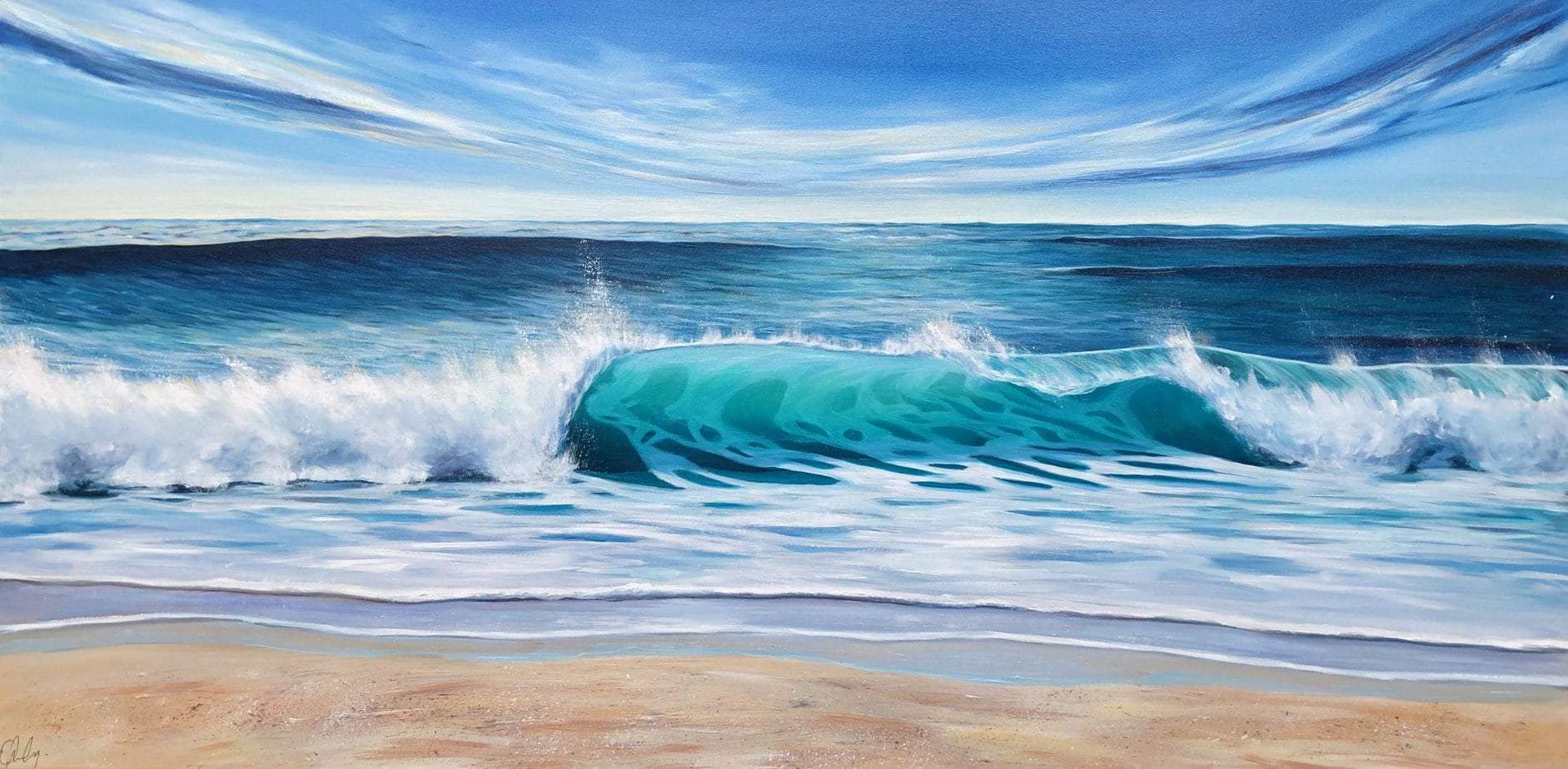 Turquoise Beach Wave II original seascape oil painting on canvas. Framed and ready to hang. For sale online