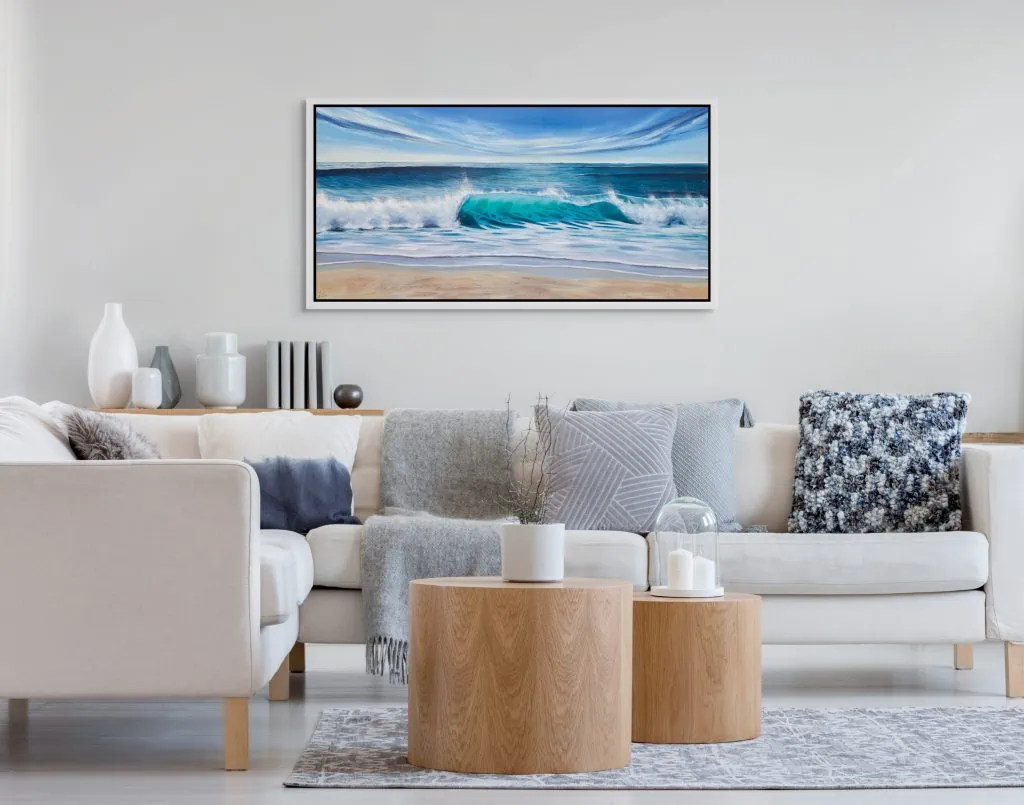 Turquoise Beach Wave II original oil painting in a living room setting