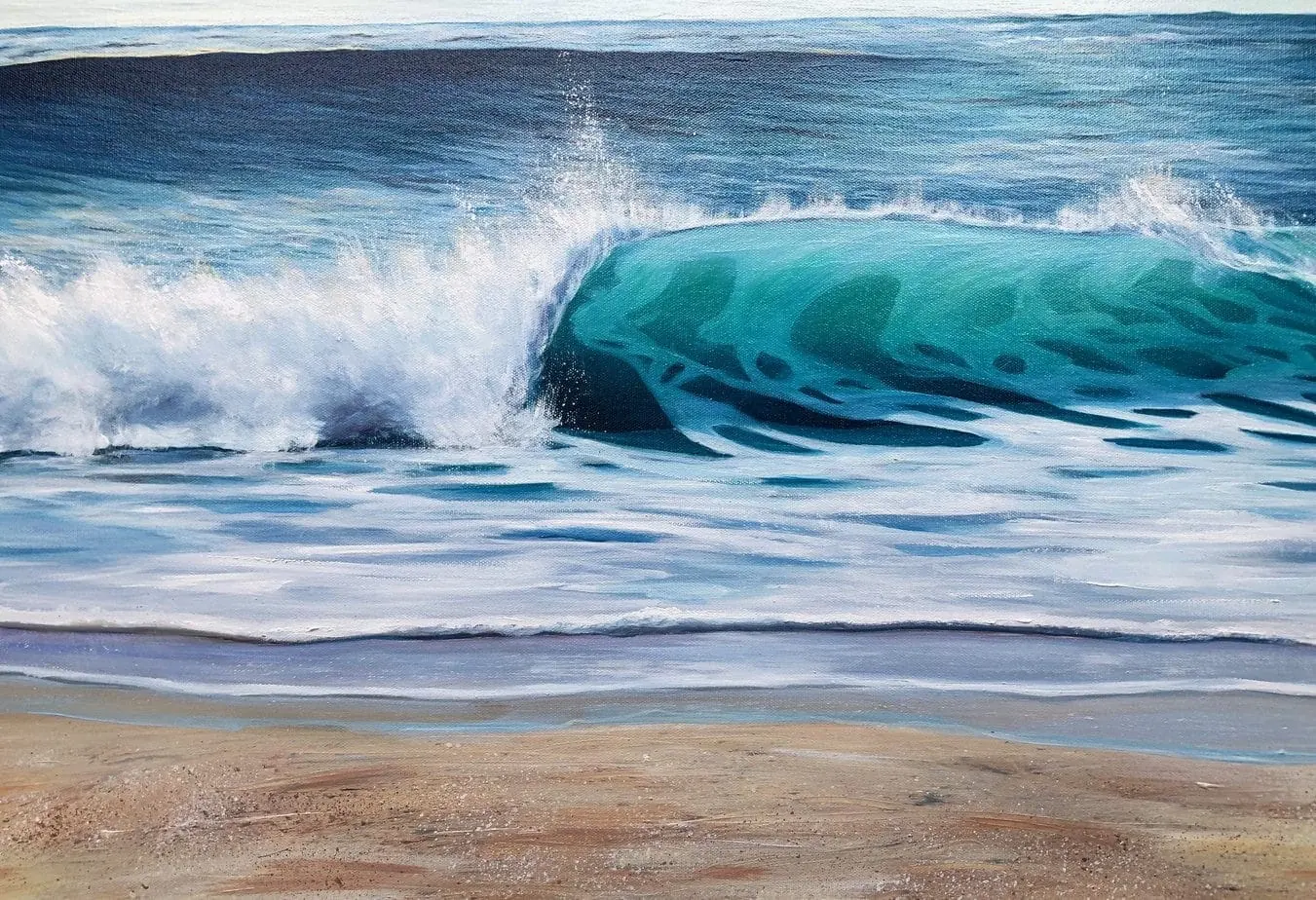 Turquoise Beach Wave II close up detail of an original seascape oil painting on canvas. Framed and ready to hang. For sale online
