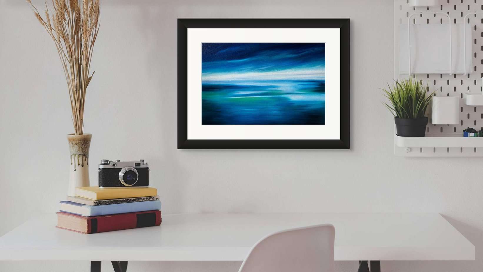 Abstract Calm Seascape in a room setting with a black frame