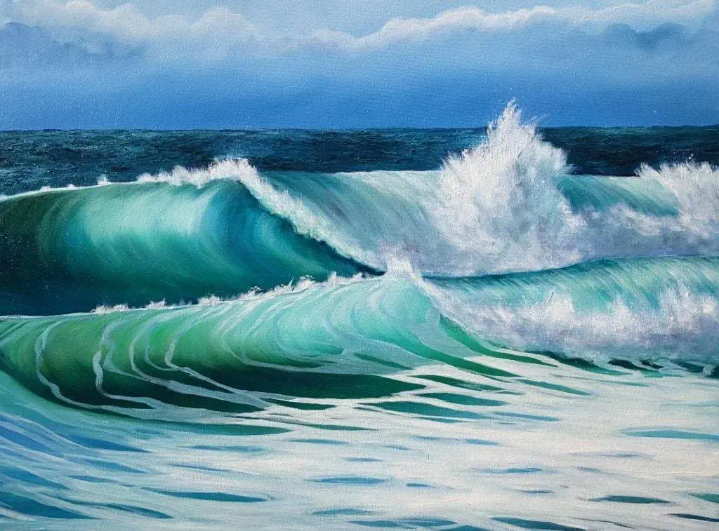 Sea Green Waves V original oil painting on canvas framed and ready to hang