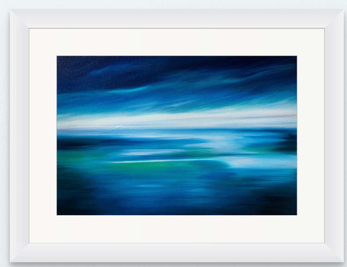 Abstract Calm Seascape in a white frame with white mount