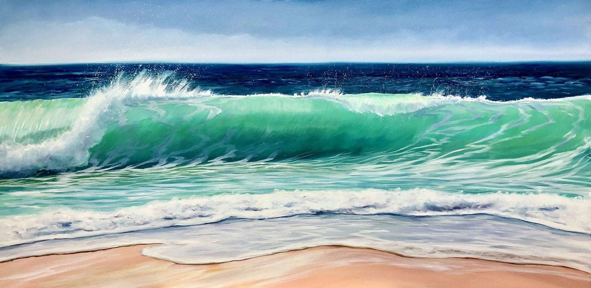 Sea Green Wave original seascape wave oil painting on canvas. Framed and ready to hang. 125 cm x 64 cm
