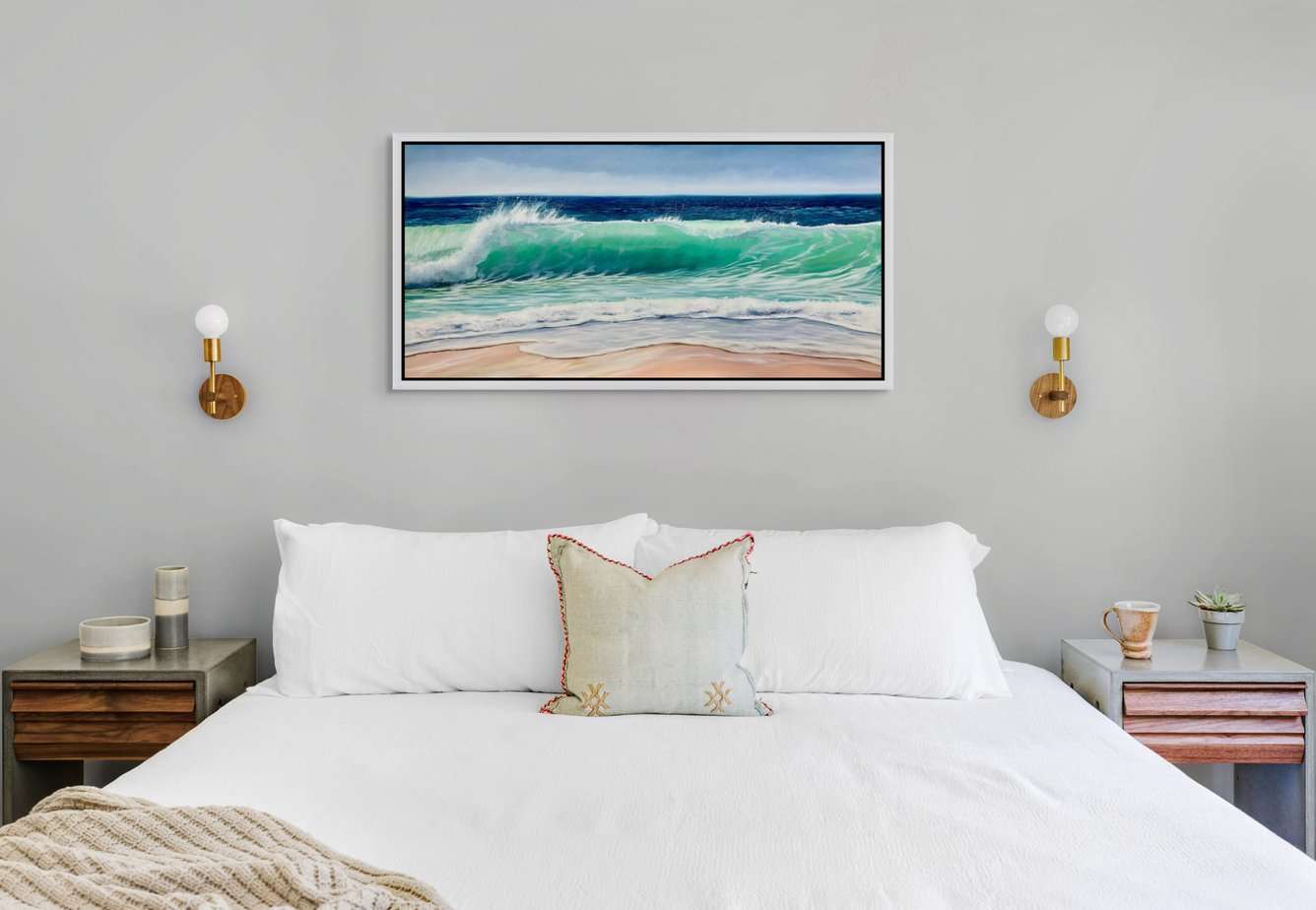 Sea Green Wave framed painting in a bedroom setting