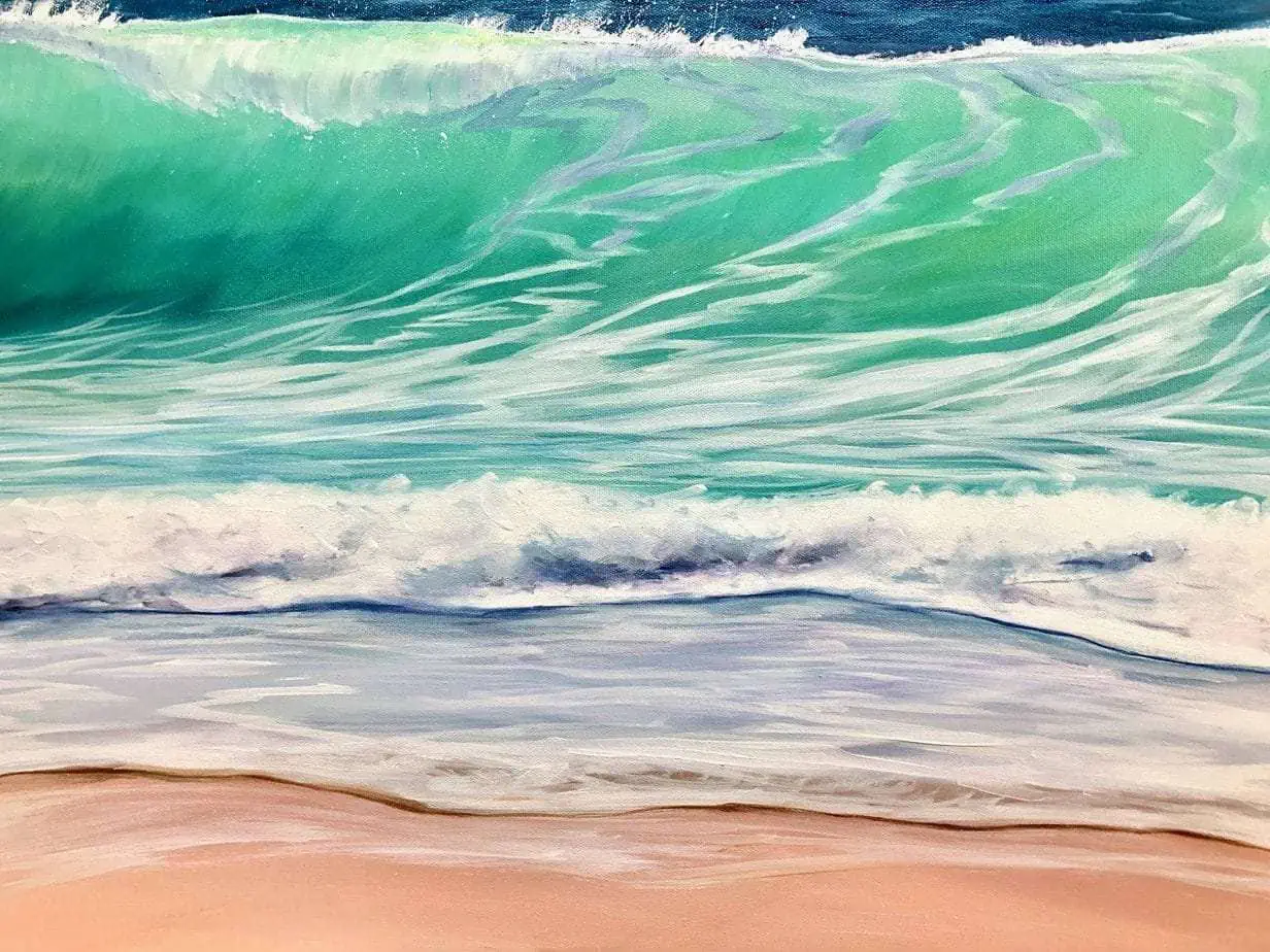 Sea Green Wave original oil painting close up detail