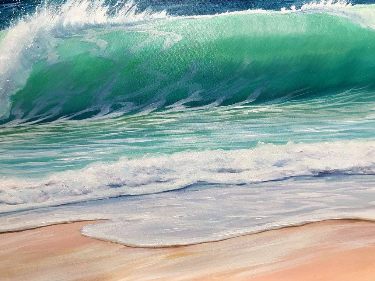 Sea Green Wave original oil painting close up detail